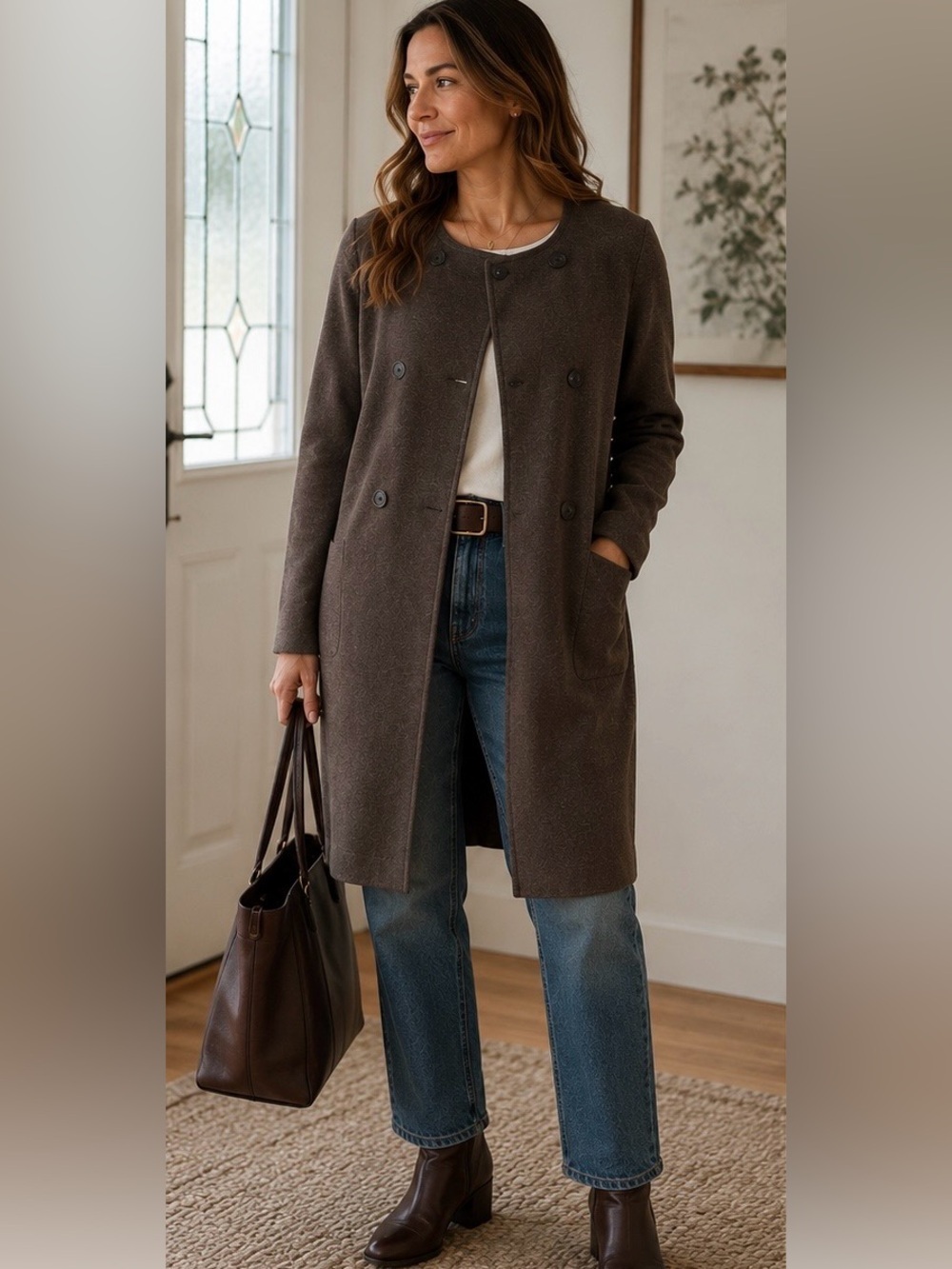 Talbots Gray Double-Breasted Merino Wool Long Tight Knit Sweater Coat
